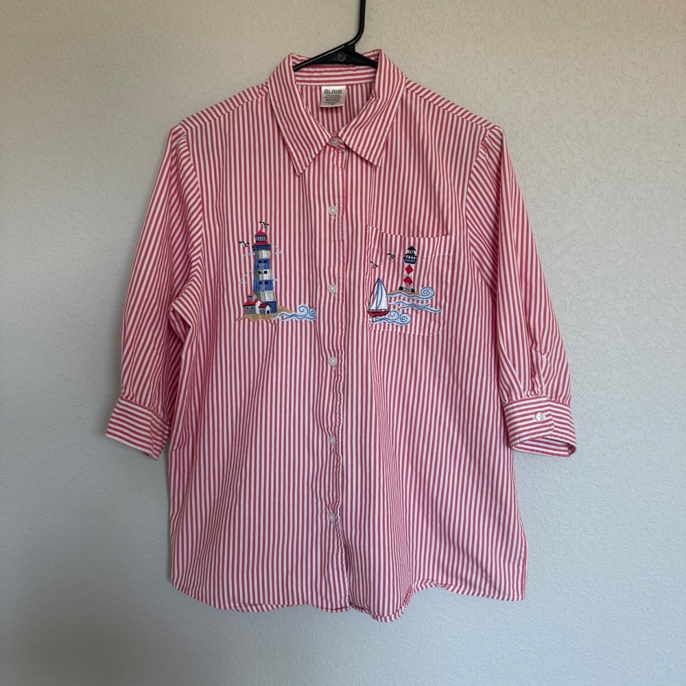 Blair Womens Red White Striped Nautical Lighthouse Embroidered Button Down Shirt
